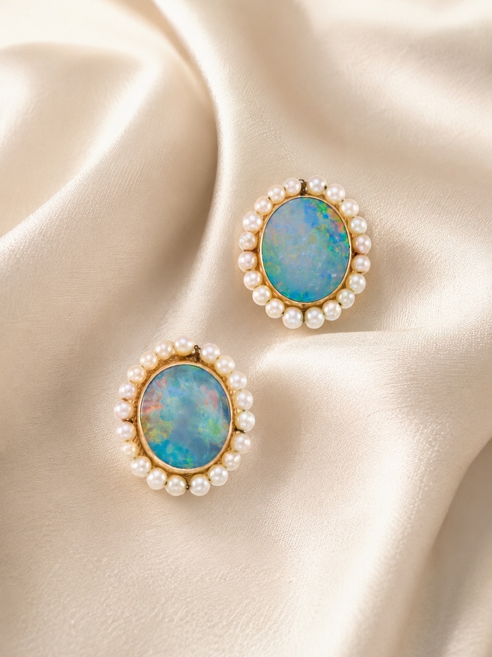 Vintage 14K Gold Opal Doublet & Cultured Pearl Earrings ✨